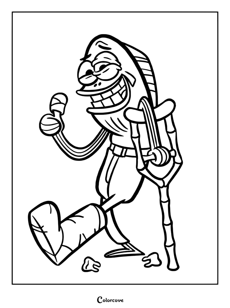 Coloriage de Fred avec un plâtre et des béquilles
