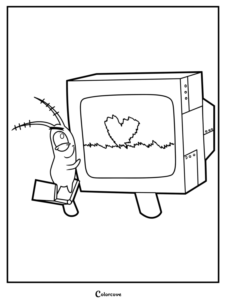 Coloriage à imprimer de Plankton debout à côté de Karen qui affiche un cœur sur son écran