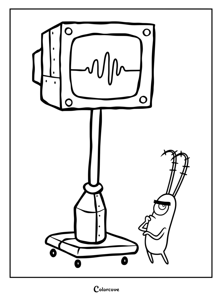 Coloriage de Karen et Plankton, avec Karen sous forme d'écran d'ordinateur sur pied et Plankton pensif à ses côtés