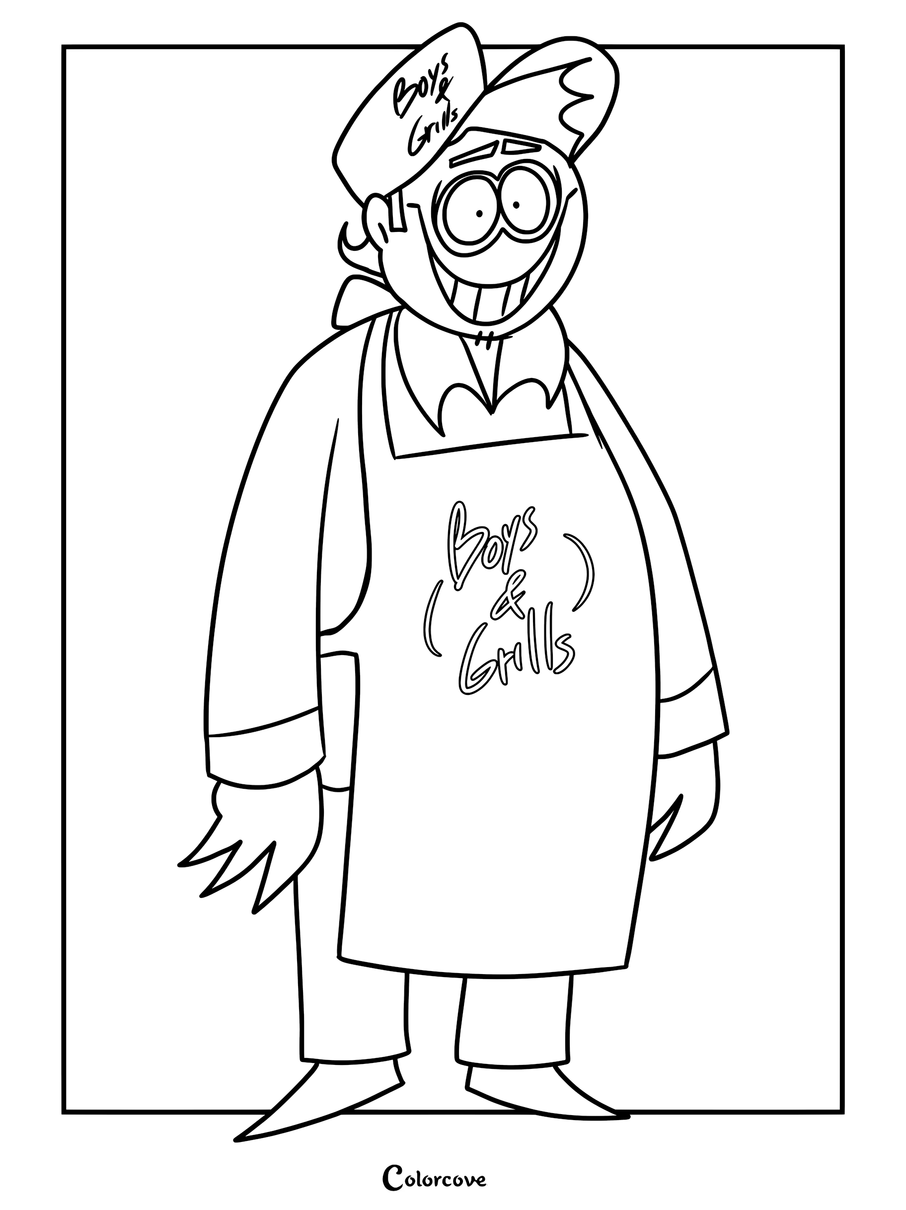 Bob Velseb wearing a Boys & Grills hat and apron in this printable coloring page.