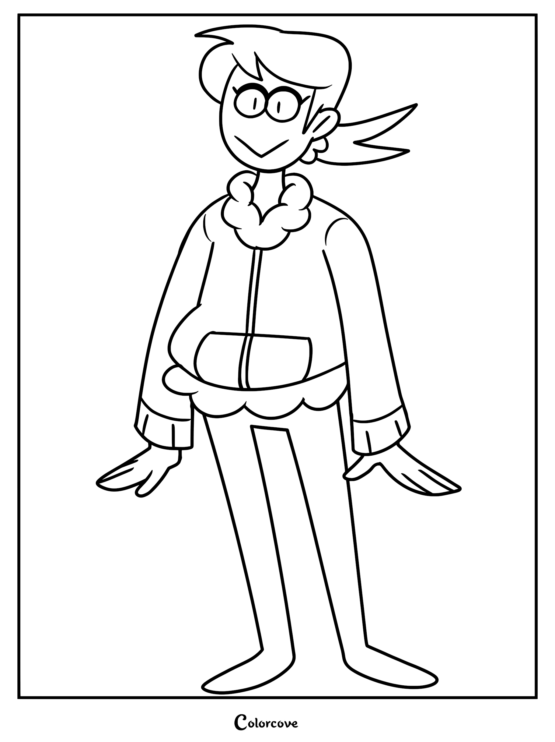 Jaune wearing a warm winter jacket with a fur-lined collar in this printable coloring page.