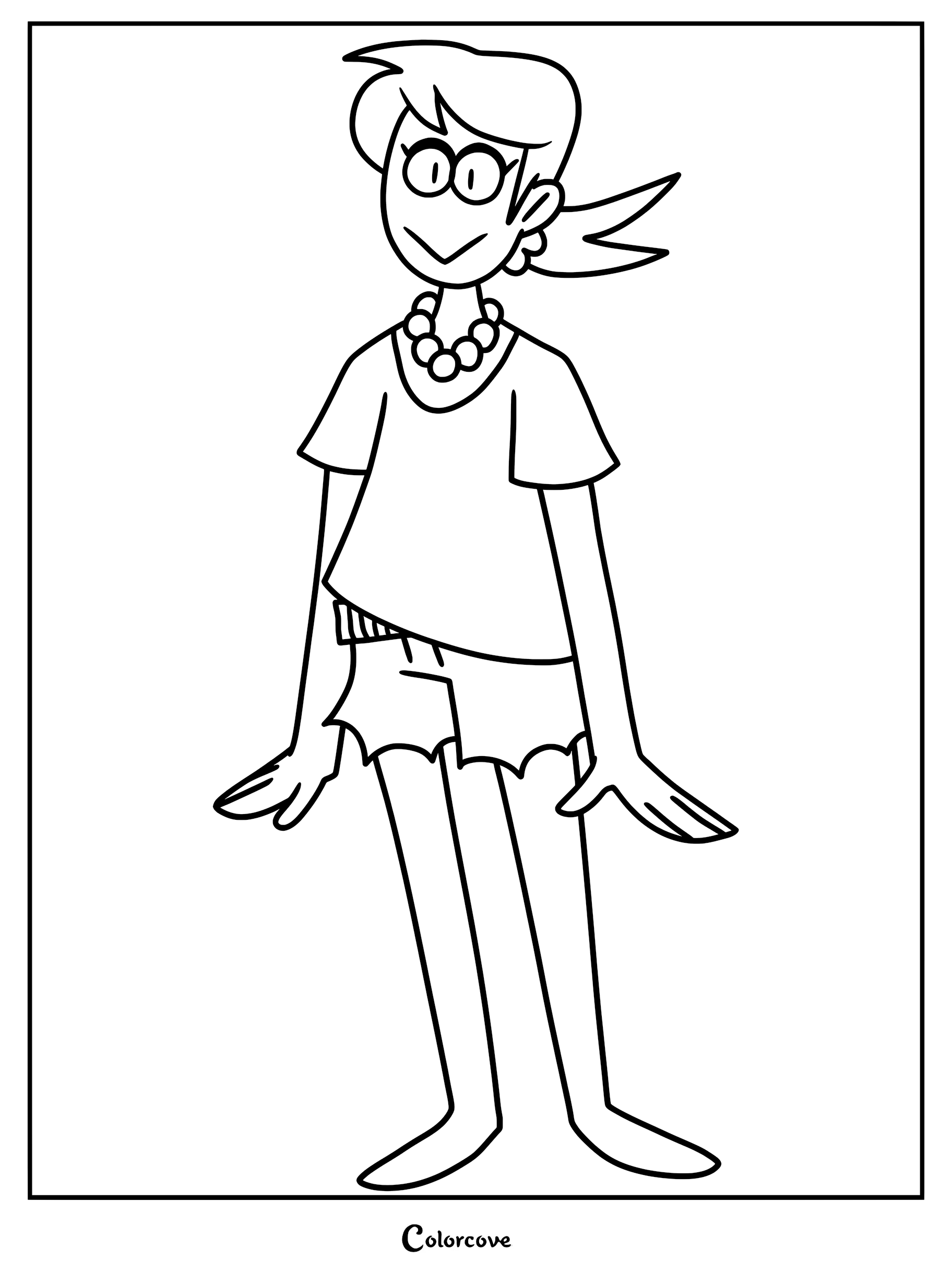 A printable coloring page featuring Jaune from Spooky Month standing and smiling with her signature necklace and ponytail.