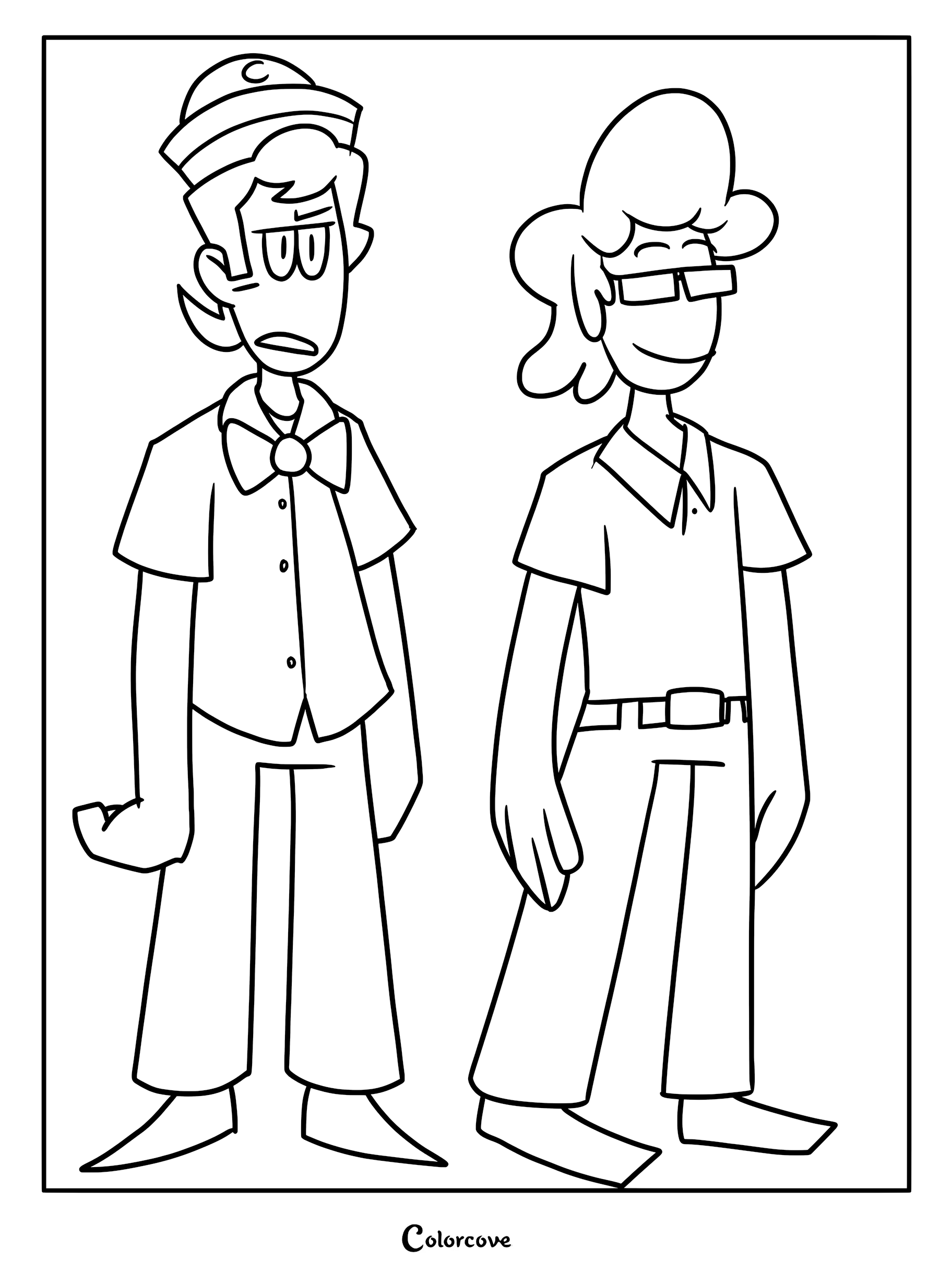 A printable coloring page featuring Kevin from the Candy Club wearing his uniform and Radford standing beside him in a collared shirt and glasses.