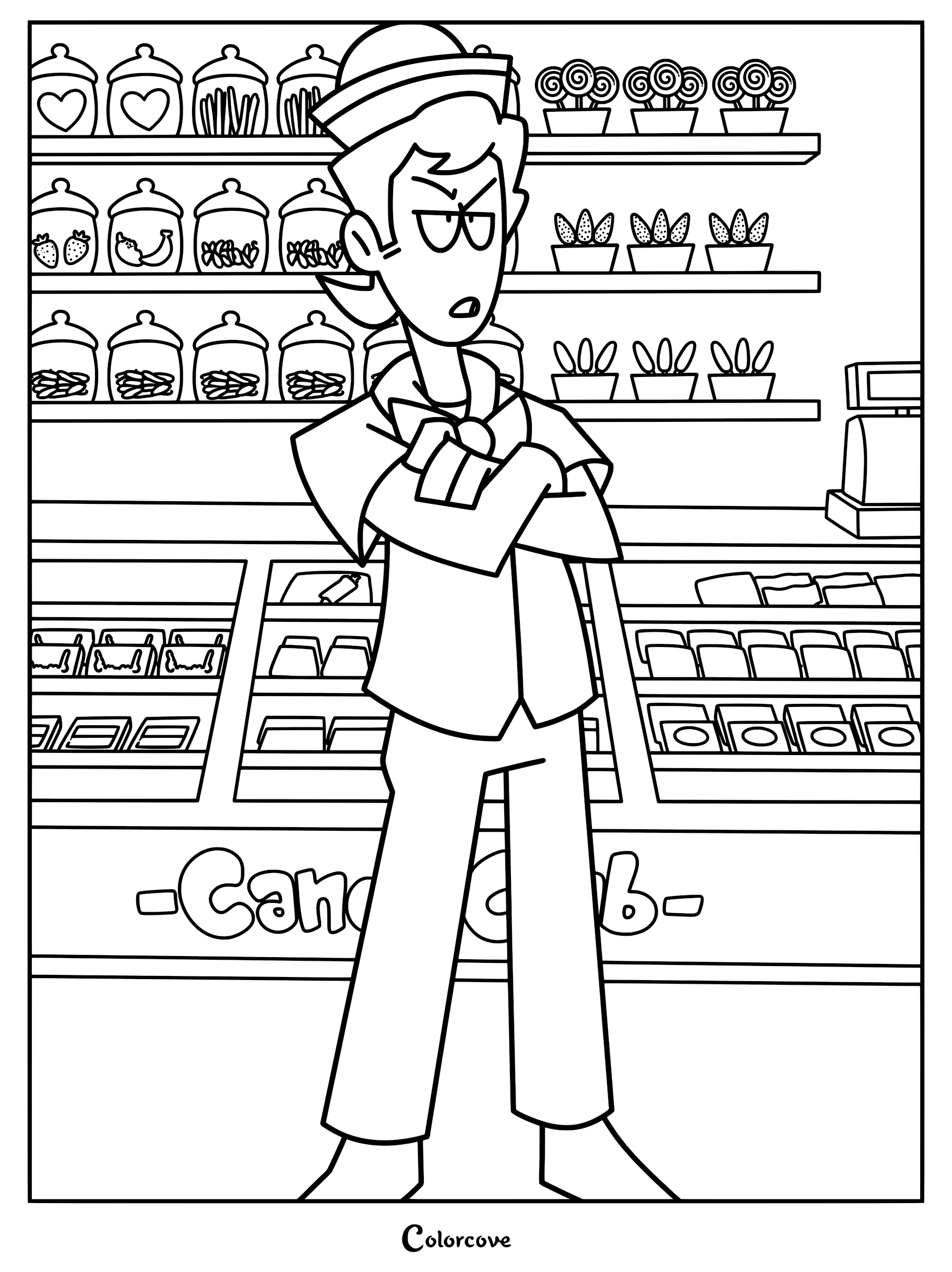Kevin from Spooky Month standing with arms crossed behind the counter at the Candy Club store, featured in a printable coloring page.