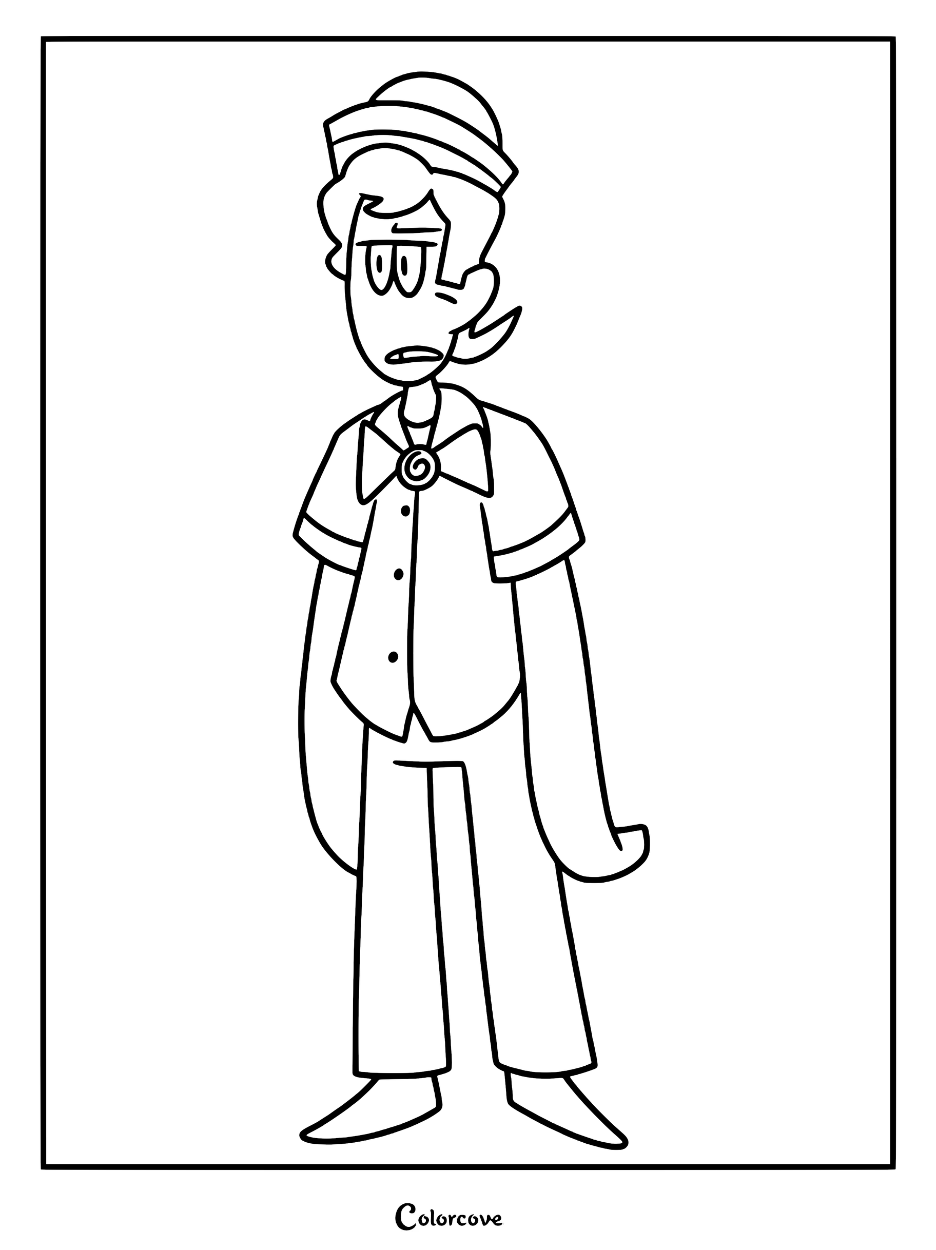 A printable coloring page featuring Kevin from Spooky Month wearing his Candy Club uniform with a hat and bowtie.