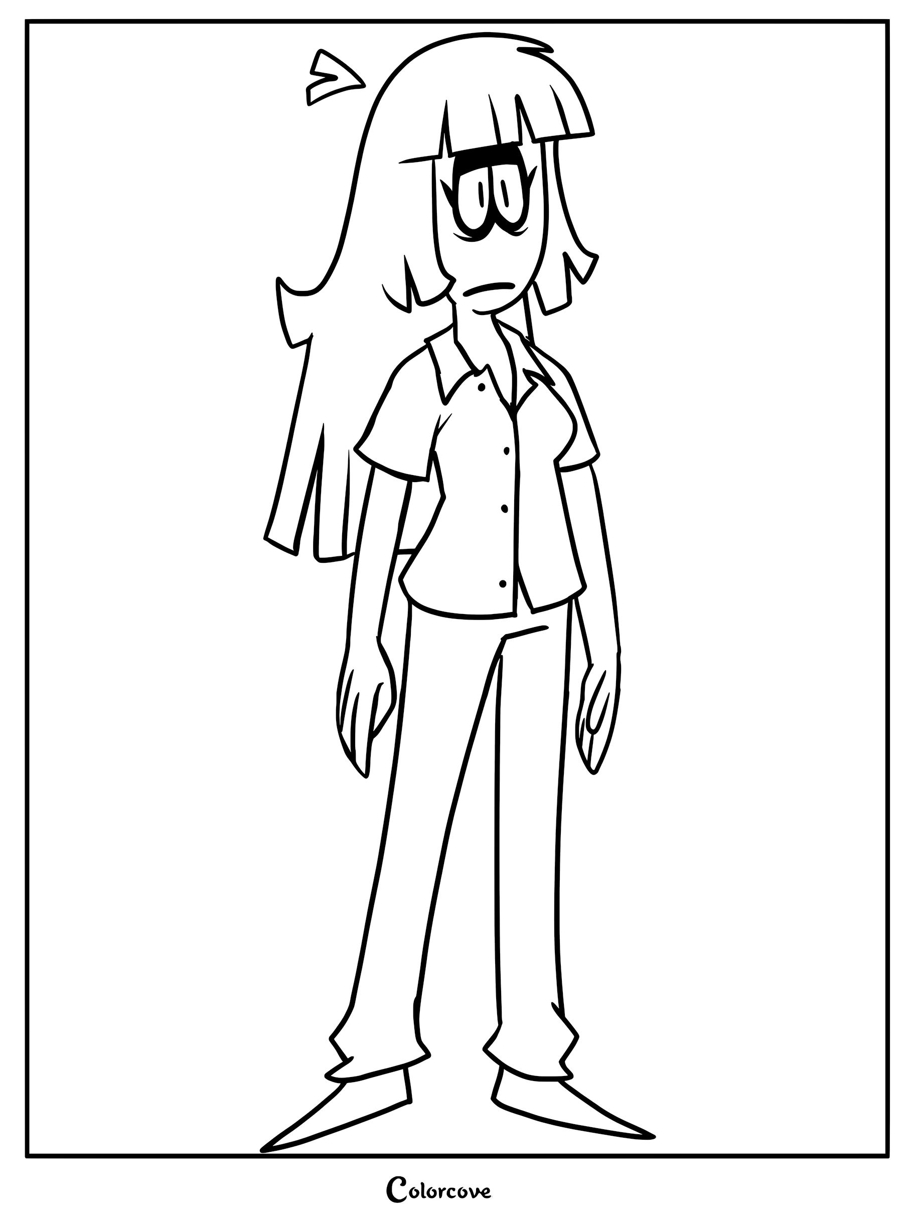 A printable coloring page featuring a tired Lila from Spooky Month standing with a weary expression.