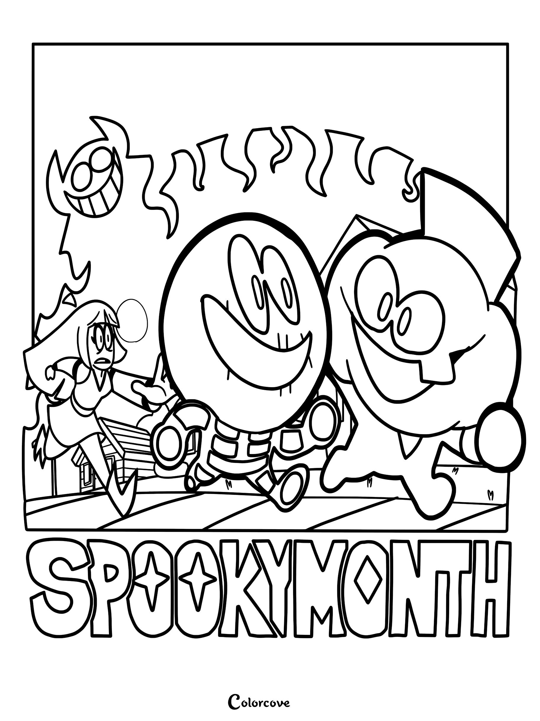 Lila, Skid, and Pump from Spooky Month in a line art coloring page with a flaming background and the Spooky Month logo.