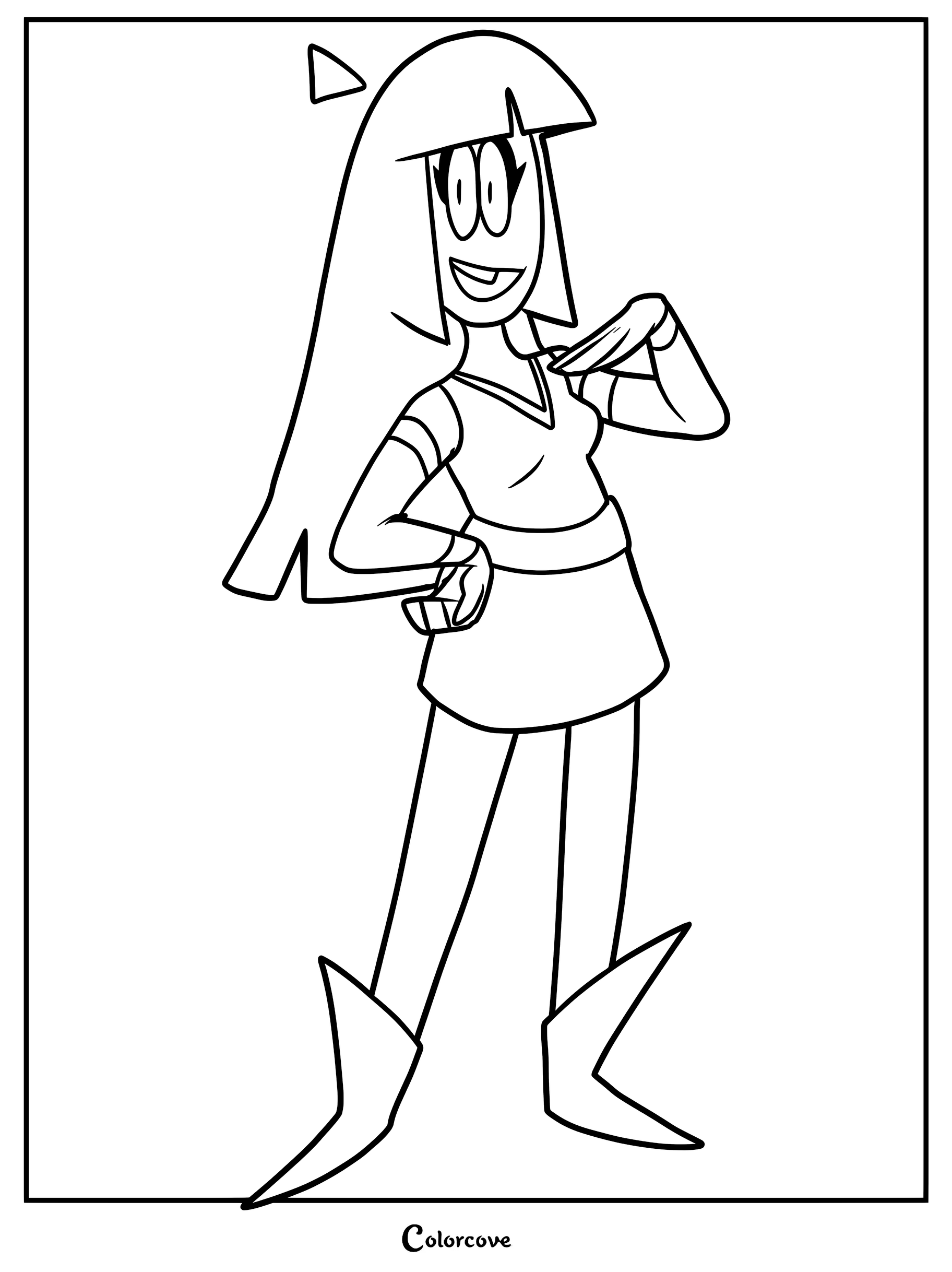 A printable coloring page featuring Lila from Spooky Month standing with her hand on her hip and a cheerful expression.