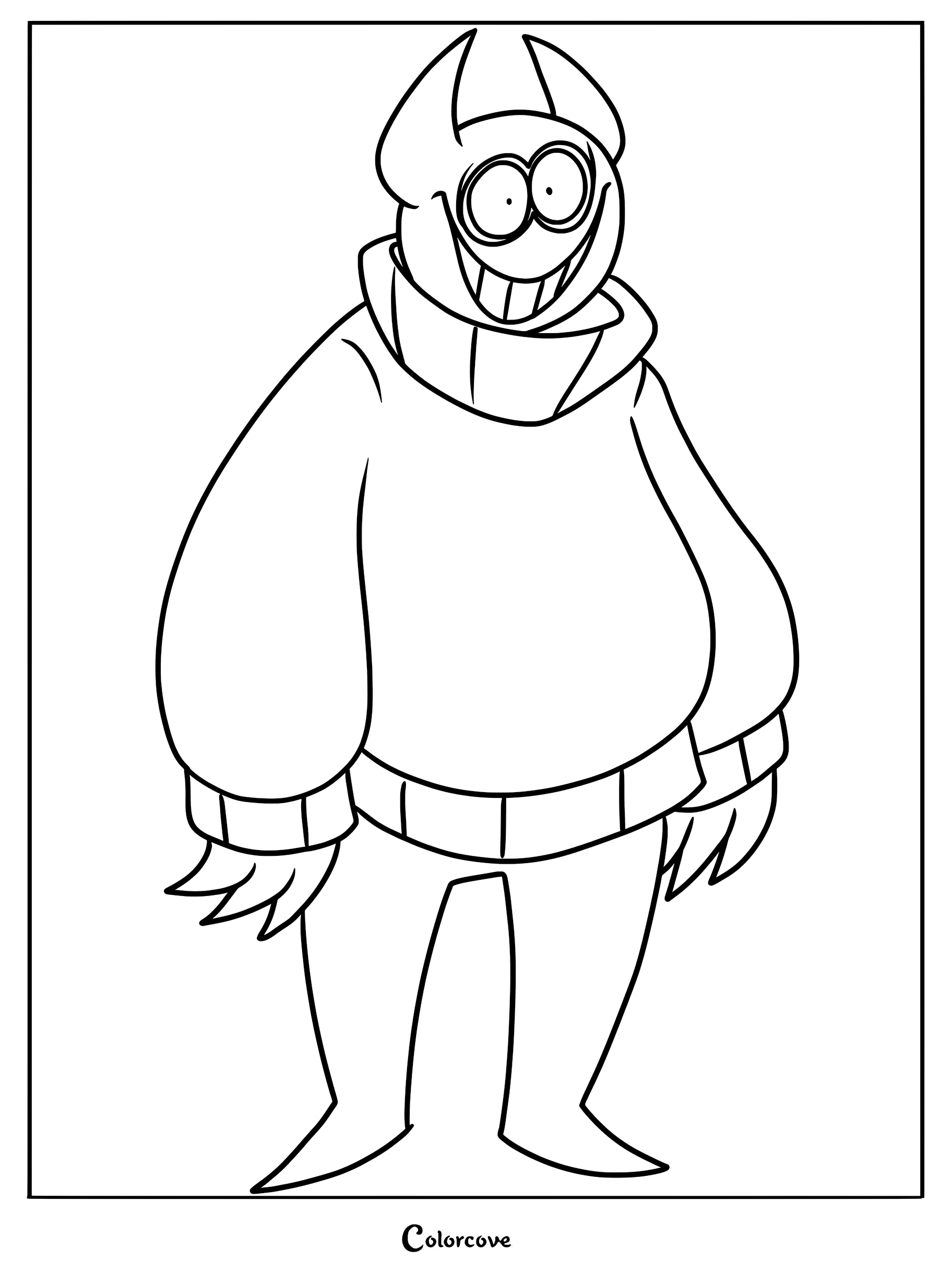 A printable coloring page featuring the serial killer Bob Velseb from Spooky Month, showing his large frame, wide grin, and signature sweater.