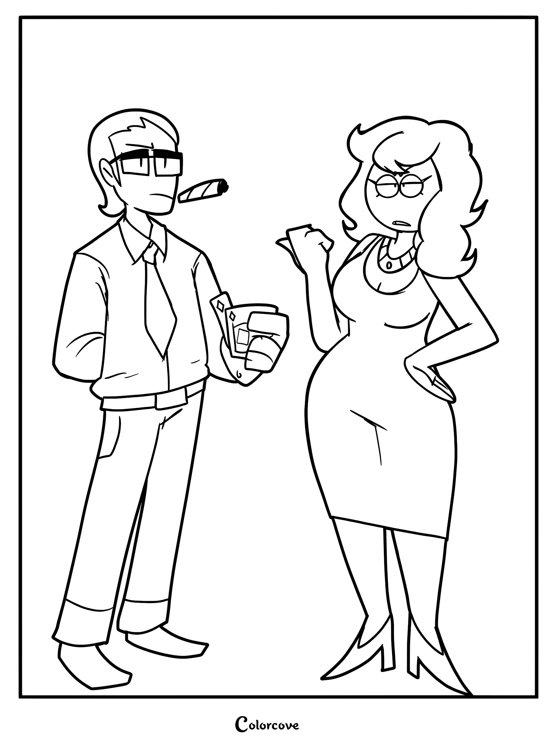 A printable coloring page featuring Richard holding playing cards with a cigar in his mouth, standing next to Carmen who is gesturing while looking annoyed.