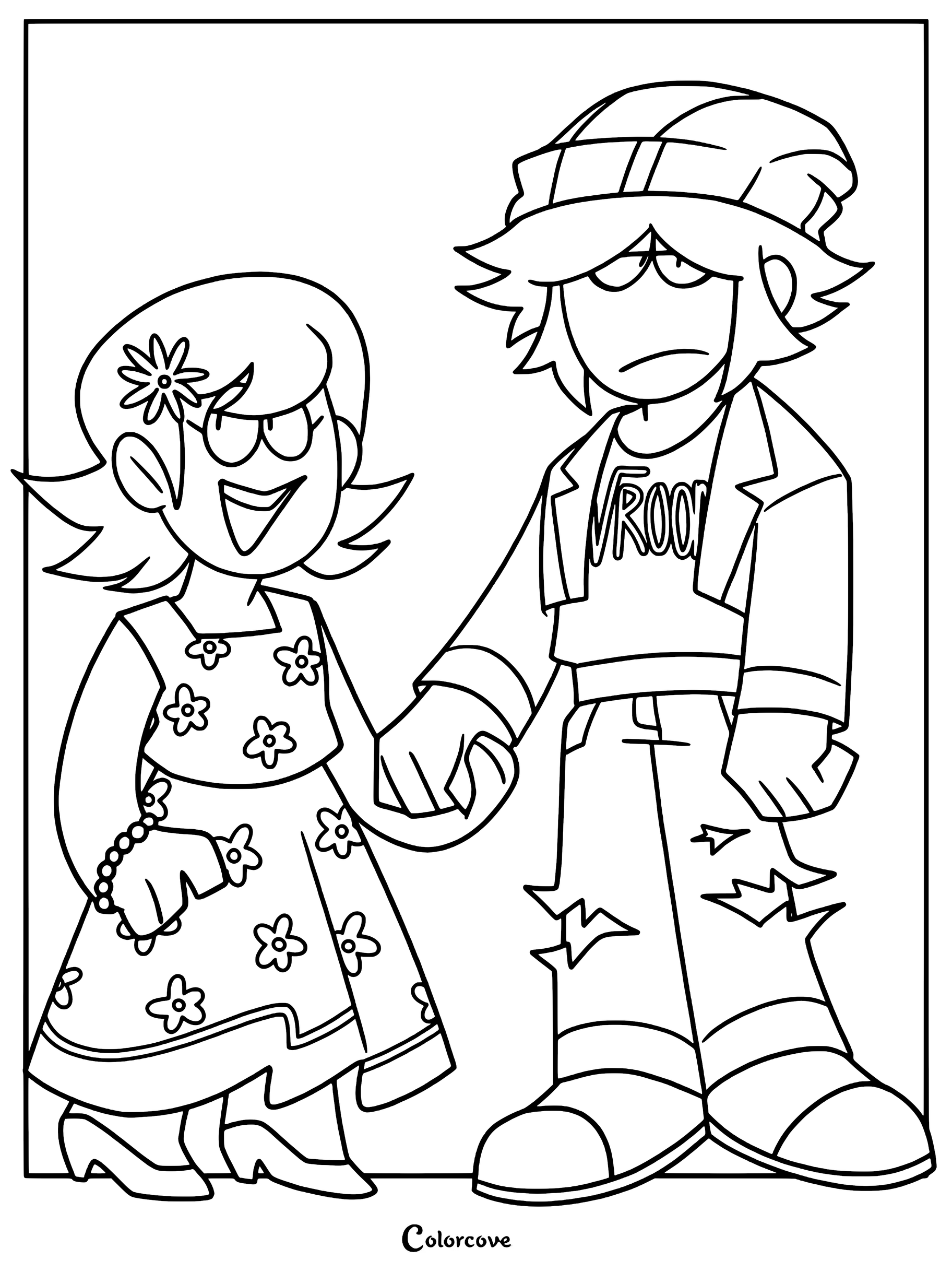 A printable coloring page featuring Ross from the Hatzgang standing next to his mother, Jaune, who is wearing a floral dress and holding his hand.