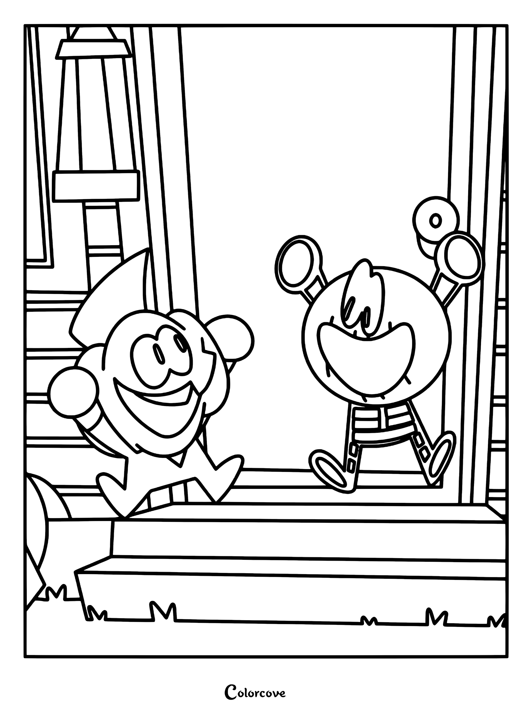 Skid and Pump standing in front of a door, line art coloring page of the Spooky Month characters.