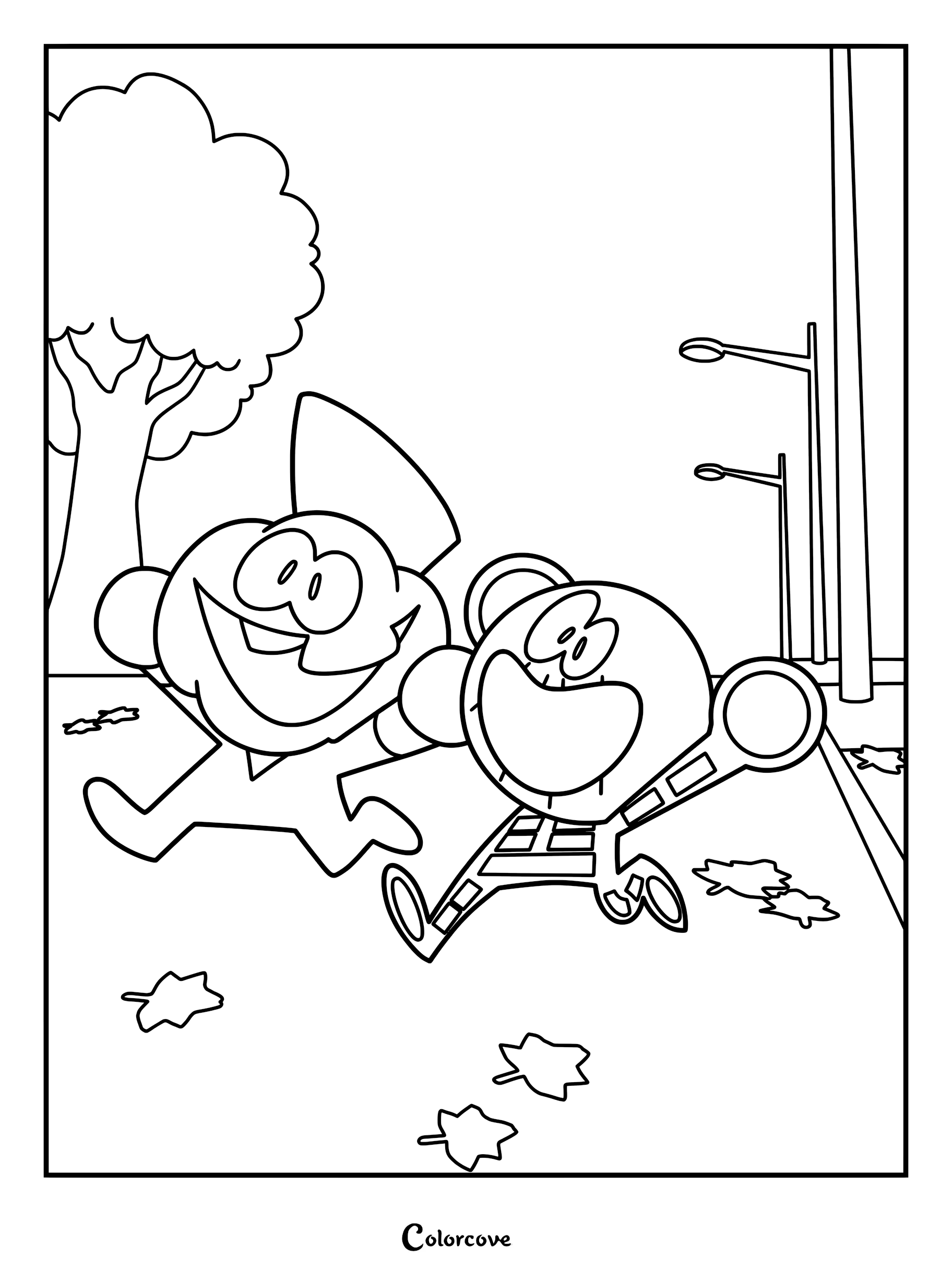 Skid in his skeleton costume and Pump in his pumpkin mask running together down a street, featured in this Spooky Month coloring page.