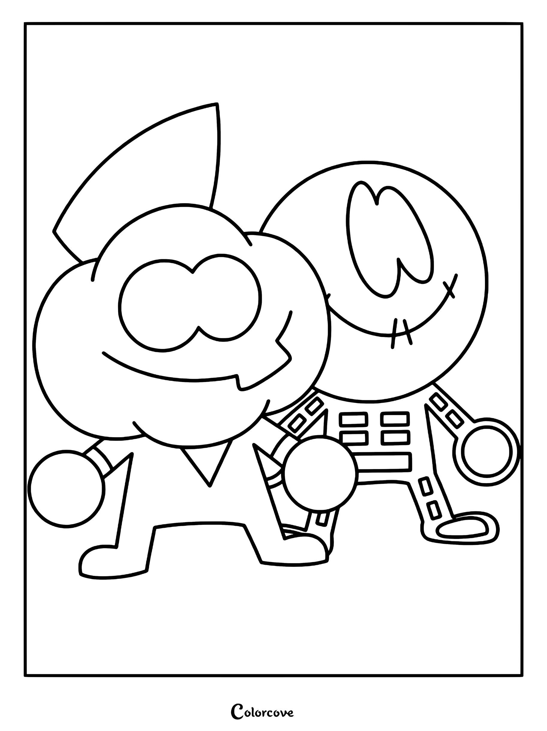 A printable coloring page featuring Skid in his skeleton costume and Pump wearing his pumpkin mask standing side by side.