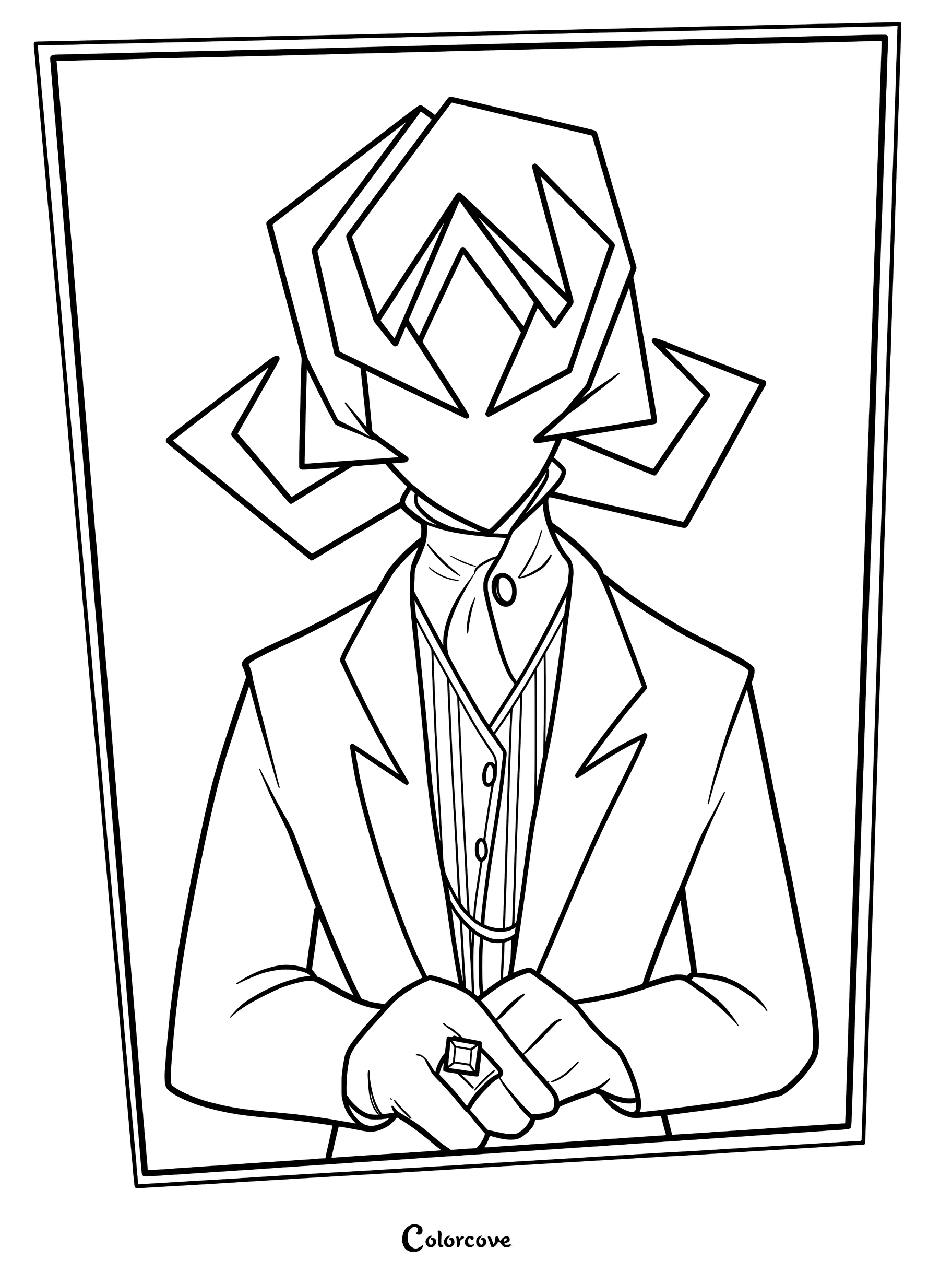 A printable coloring page featuring a portrait of Skid's Dad wearing a suit, vest, and cravat with a ring on his finger.