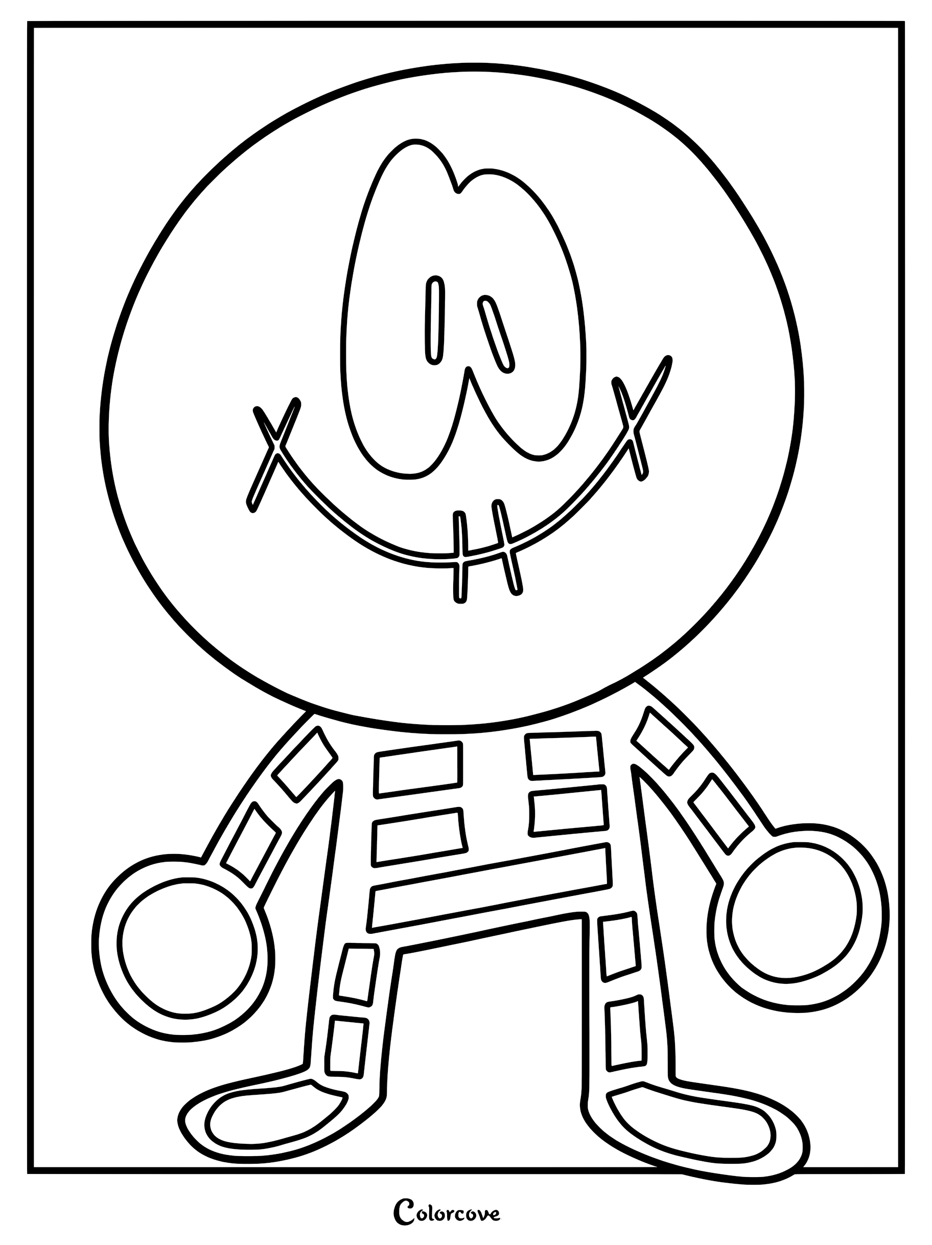 A simple black and white line art coloring page featuring Skid from Spooky Month wearing his signature skeleton costume and mask.