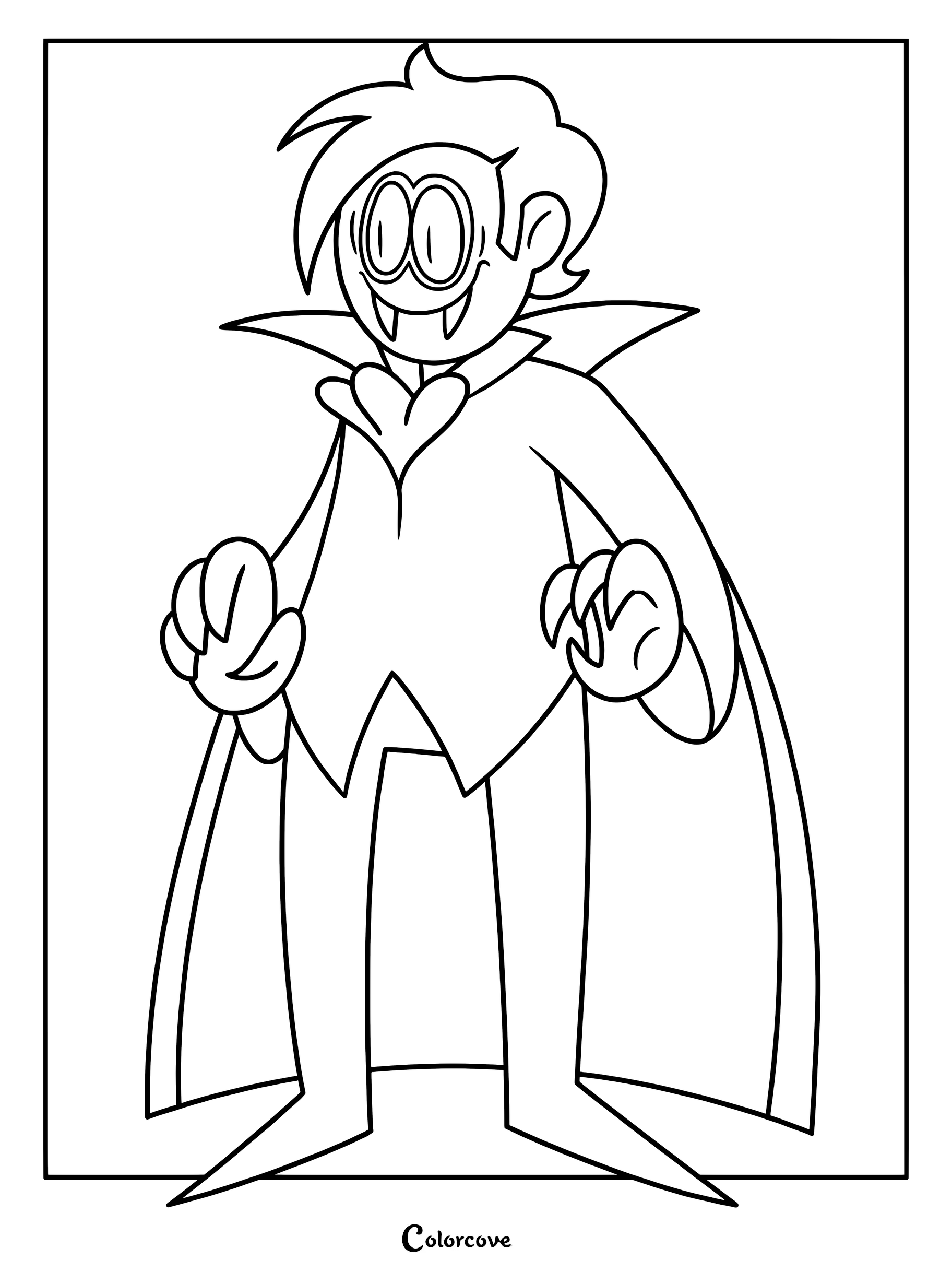 Streber from Spooky Month dressed as a vampire in a cape, line art coloring page.