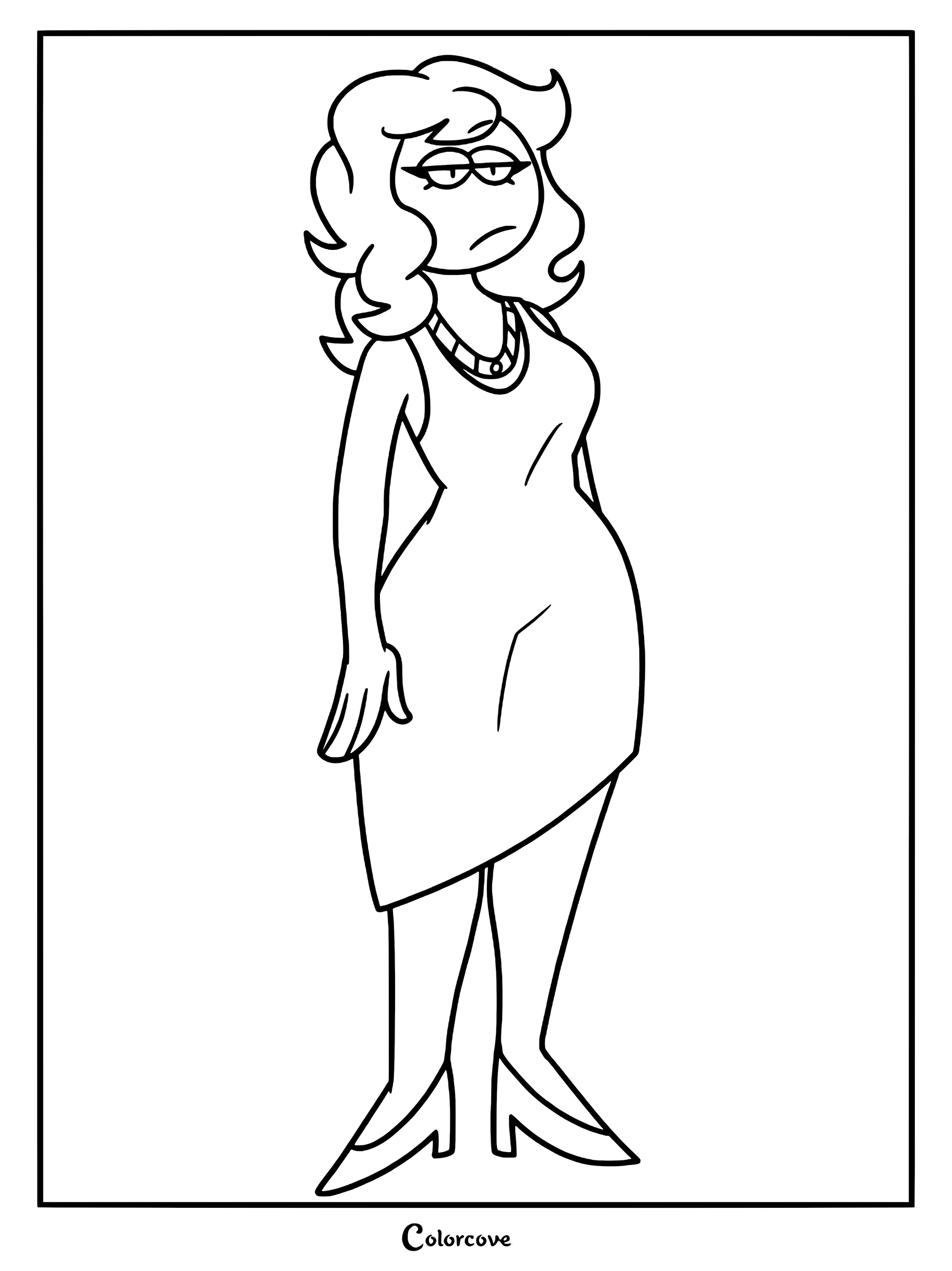 A printable coloring page featuring Carmen from Spooky Month standing in a simple dress and necklace with a neutral expression.