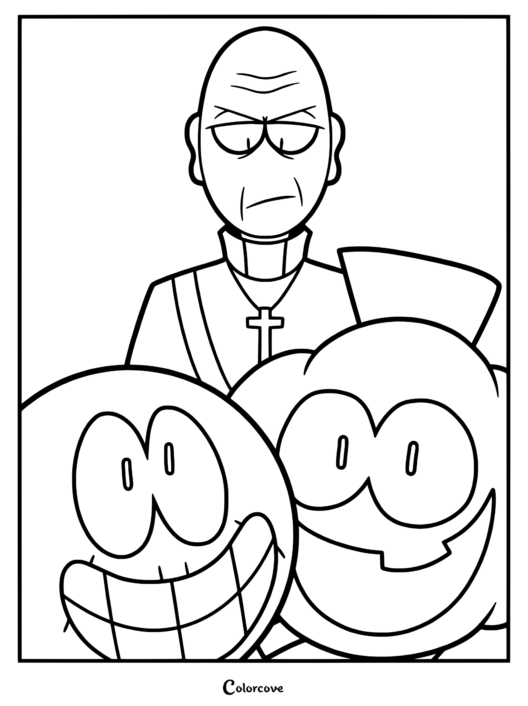 A line art coloring page featuring Father Gregor standing behind the smiling faces of Skid and Pump from Spooky Month.