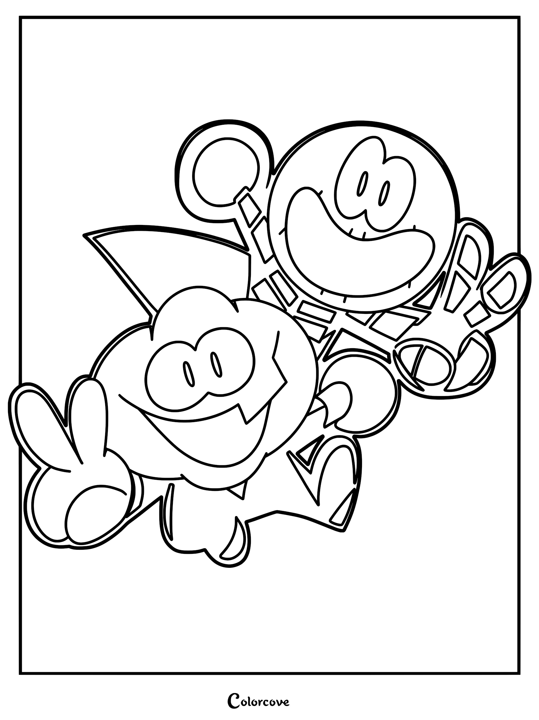 Skid in his skeleton costume and Pump in his pumpkin mask performing the Spooky Dance together in this line art coloring page.