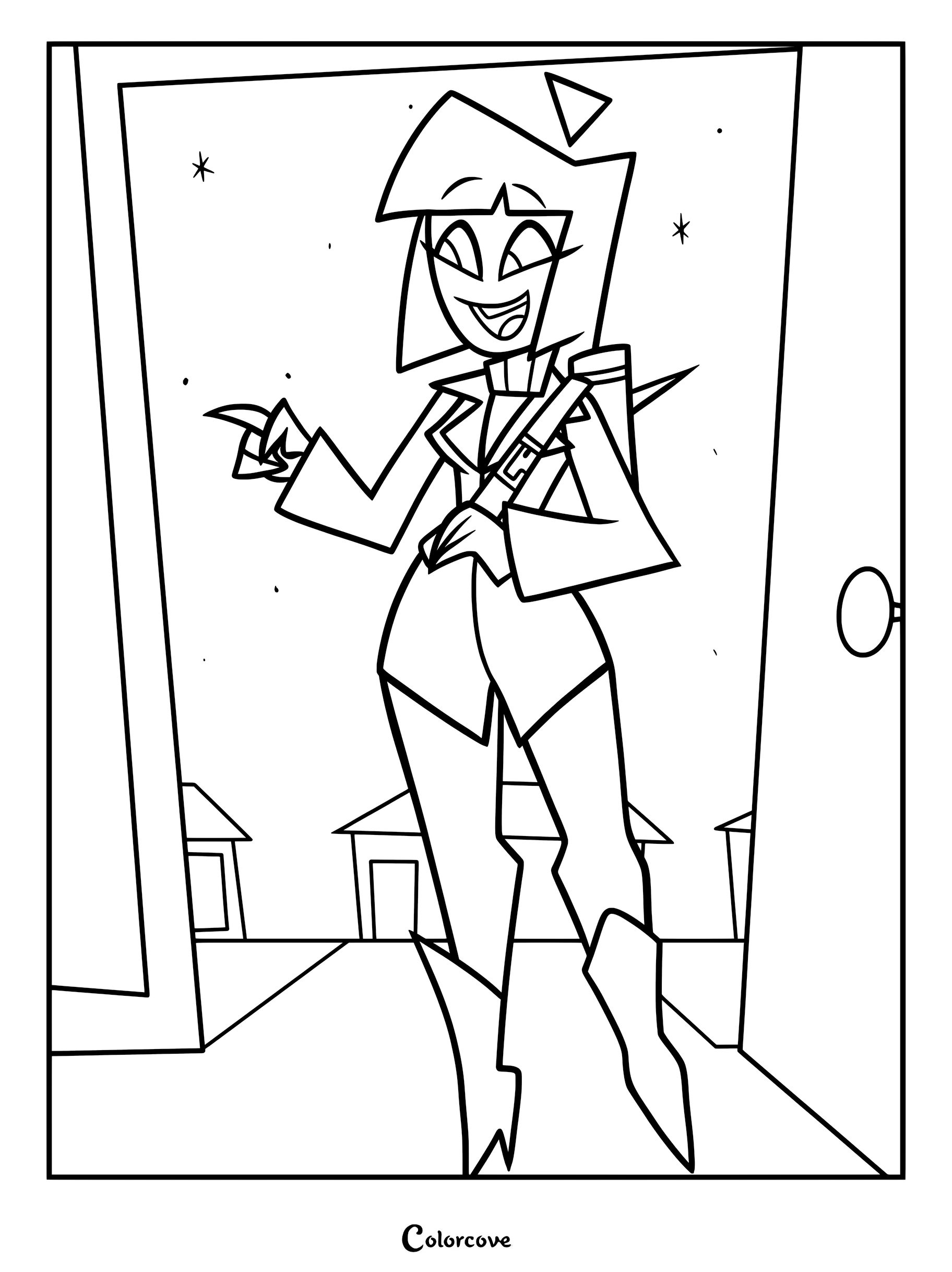 Lila from Spooky Month wearing her signature sweater and boots, standing in an open doorway, line art coloring page.