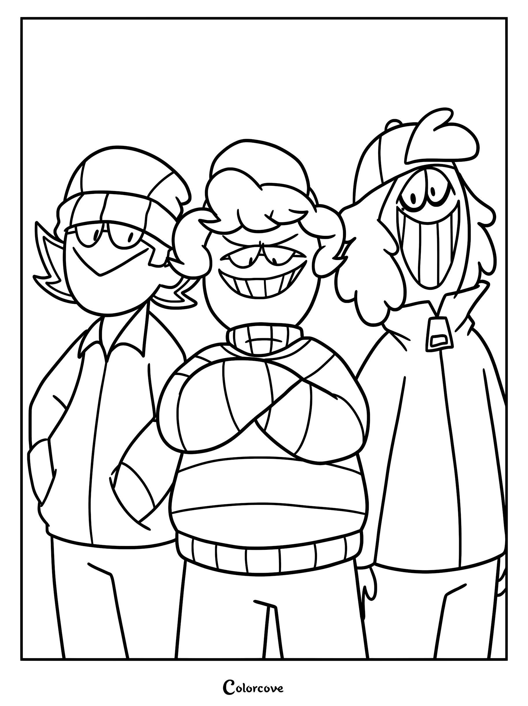 A black and white coloring page featuring the Hatzgang members Ross, Roy, and Robert standing together in a group portrait.