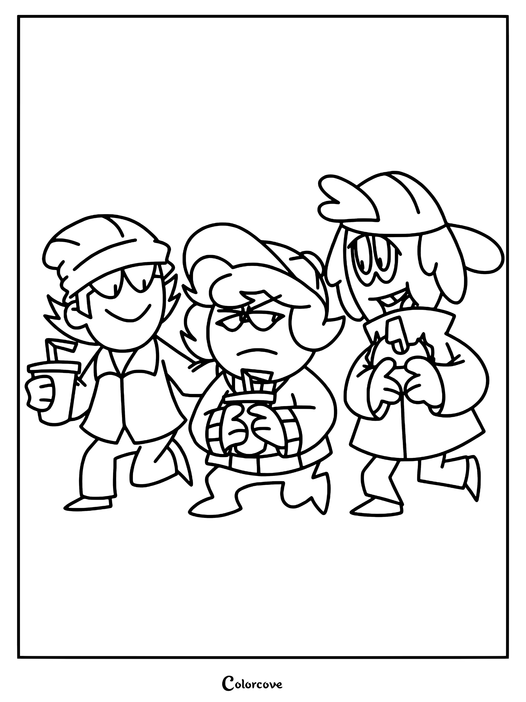 Roy, Ross, and Robert from Spooky Month holding drinks in this printable coloring page.