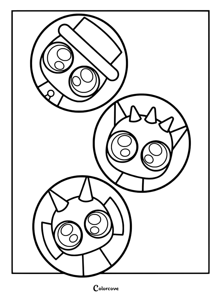 Dibujo para colorear imprimible con los personajes de Sprunki: Black con sombrero de copa, Raddy y Durple