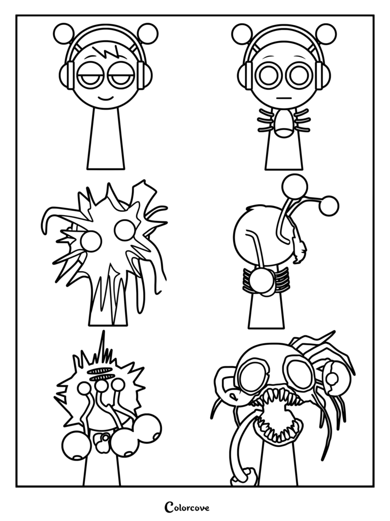 Dibujo para colorear imprimible con múltiples expresiones y formas de Oren de Sprunki