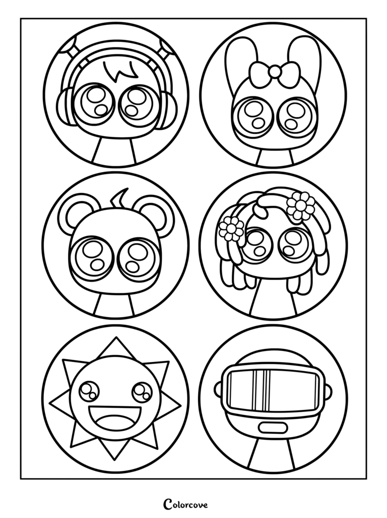 Dibujo para colorear de Sprunki con retratos circulares de Oren, Pinki, Sky, Vineria, Mr. Sun y Garnold en arte lineal en blanco y negro