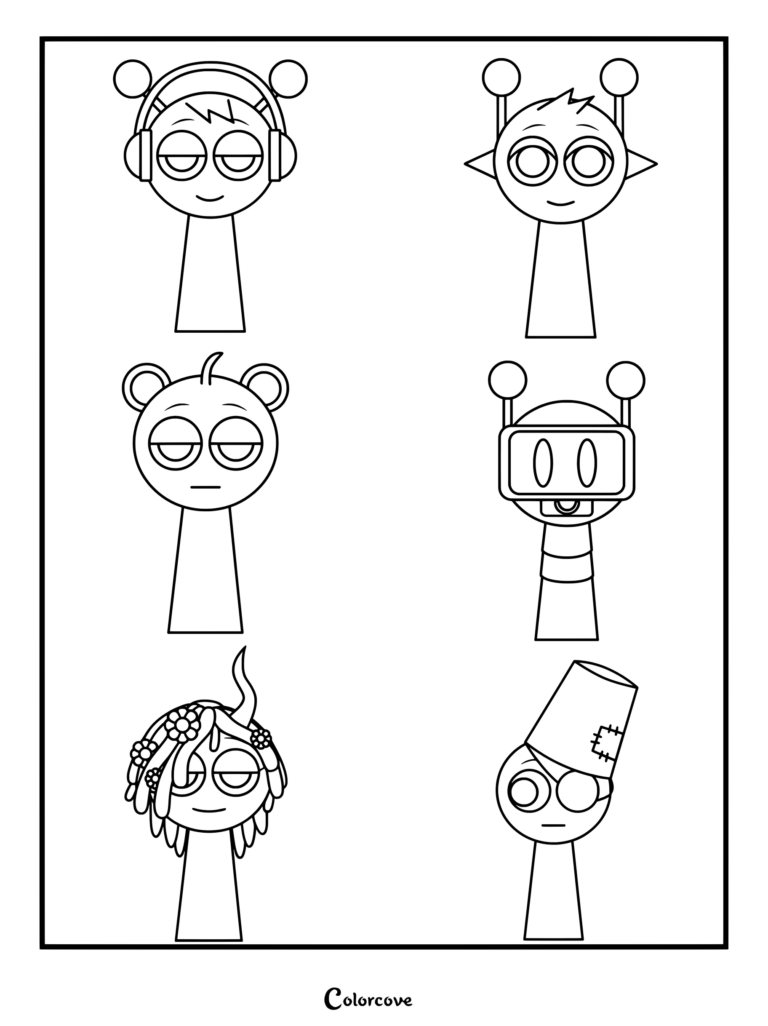 Página para colorear de Sprunki con los personajes Oren, Simon, Sky, Fun Bot, Vineria y Brud