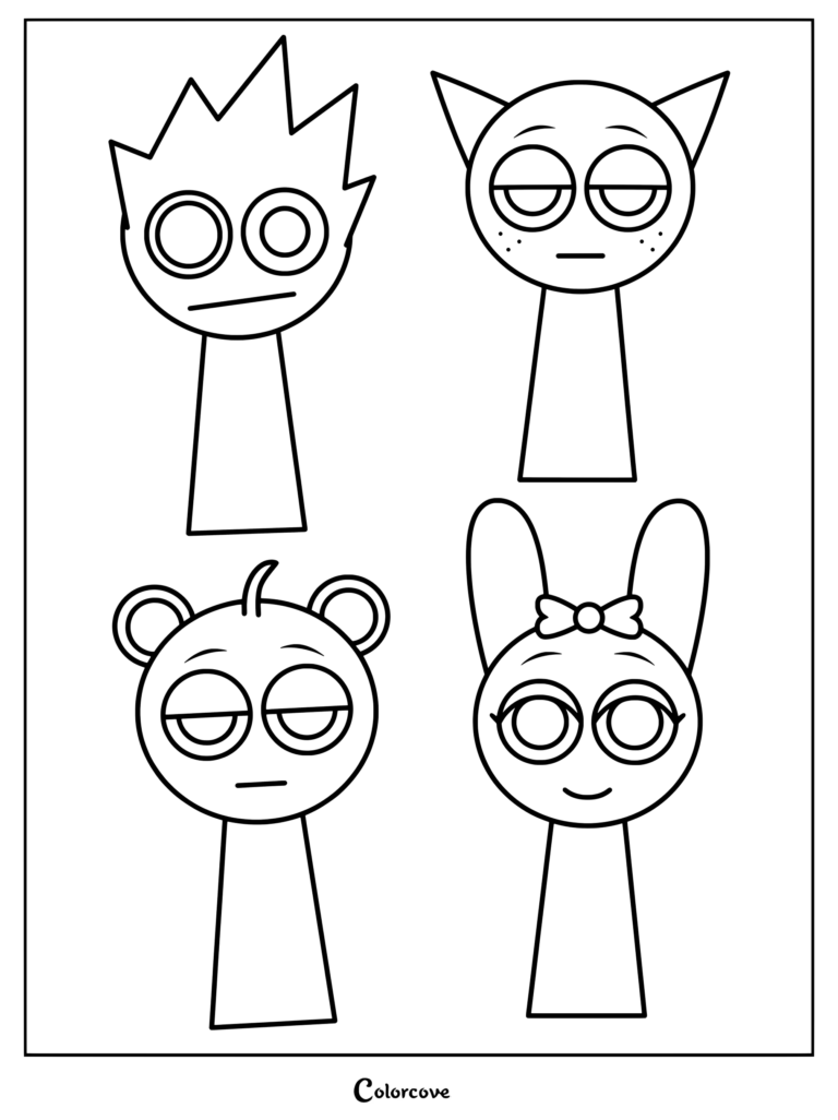 Página para colorear e imprimir con los personajes de Sprunki OWAKCX, Gray, Sky y Pinki juntos en arte lineal en blanco y negro