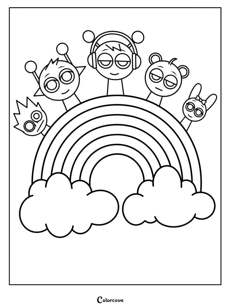 Página para colorear de OWAKCX, Simon, Oren, Sky y Pinki con los personajes detrás de un arcoíris
