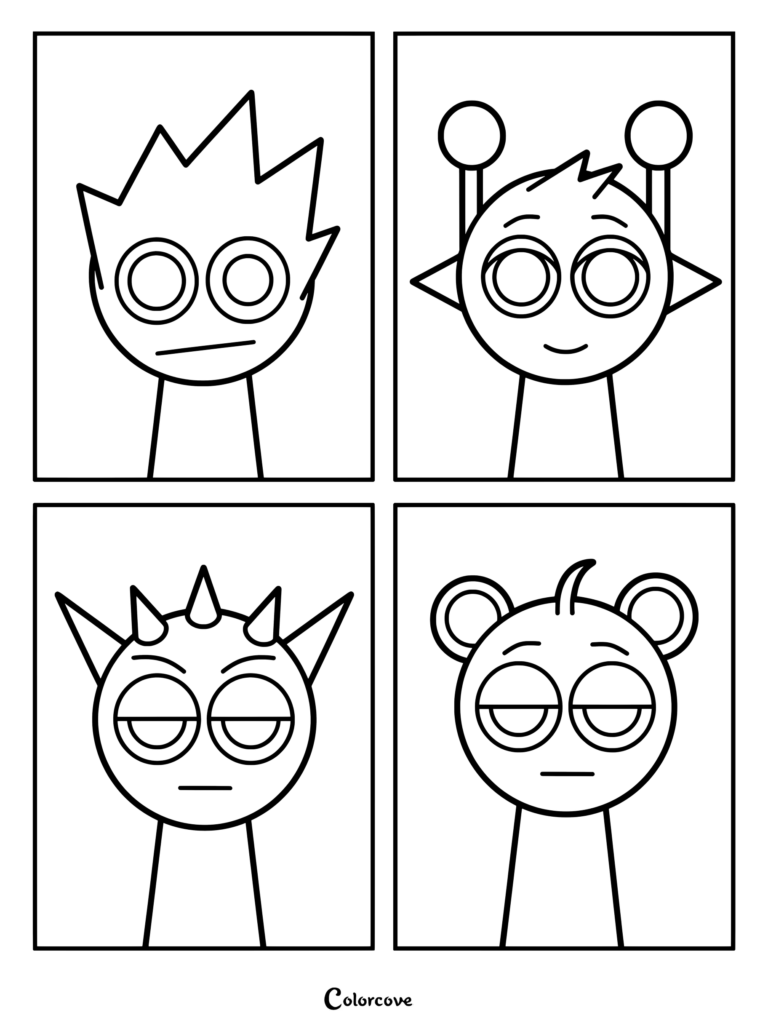 Página para colorear e imprimir con cuatro viñetas de los personajes OWAKCX, Simon, Raddy y Sky de Sprunki