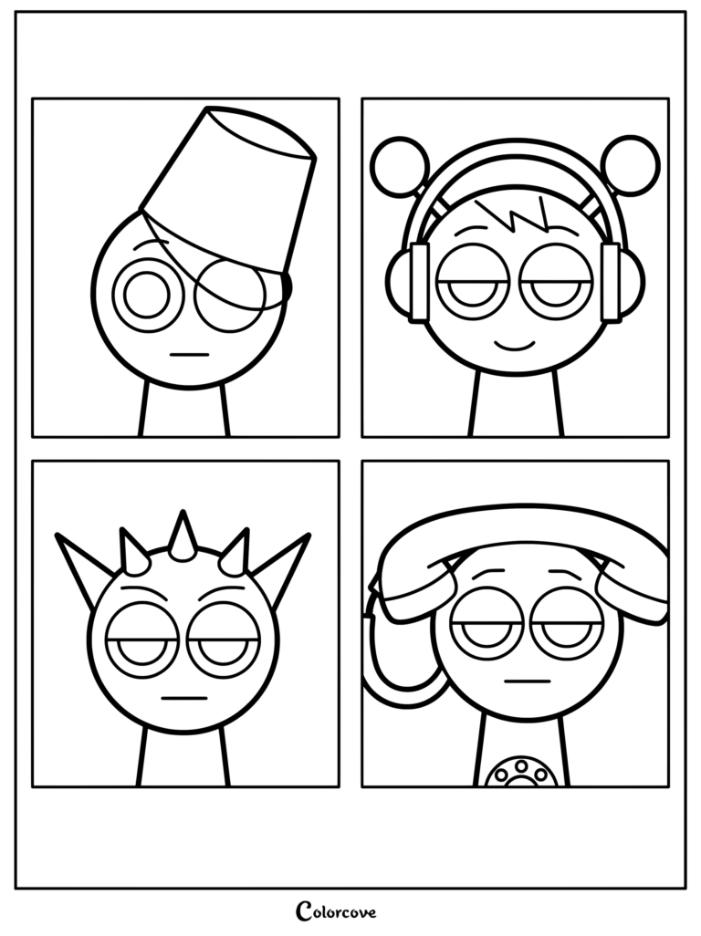Dibujo para colorear imprimible con cuatro paneles de los personajes de Sprunki: Brud, Oren, Raddy y Pinki
