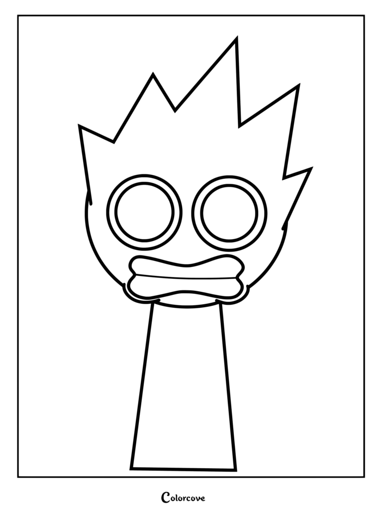 Dibujo para colorear del personaje OWAKCX de Sprunki con pelo de picos y ojos grandes y redondos