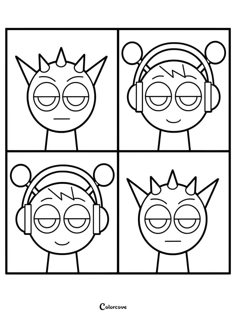 Página para colorear de Sprunki con Raddy y Oren mostrados dos veces en viñetas