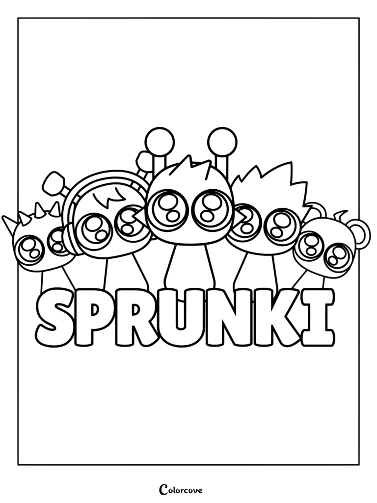 Página para colorear con los personajes de Sprunki Raddy, Oren, Simon, OWAKCX y Sky juntos detrás del logo de Sprunki