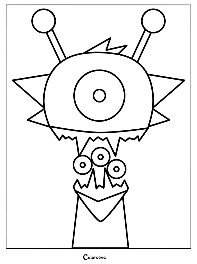Dibujo para colorear de Simon de Sprunki en Fase 10 con un personaje extraterrestre de varios ojos, antenas y detalles puntiagudos en la cabeza