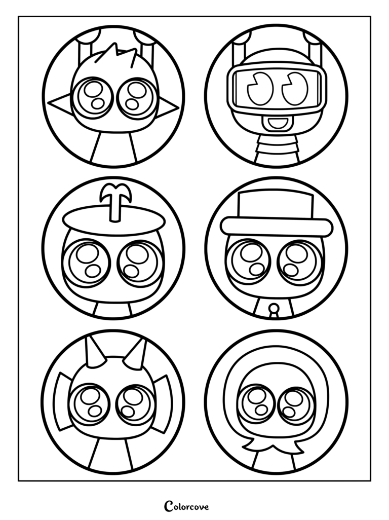 Página para colorear de Sprunki con retratos circulares de Simon, Fun Bot, Clukr, Black, Durple y Jevin