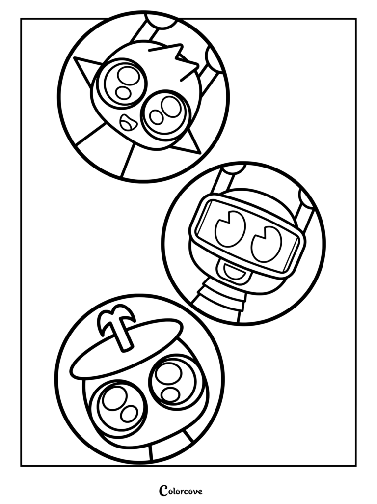 Página para colorear de Simon, Fun Bot y Clukr de Sprunki con tres retratos circulares en arte lineal en blanco y negro