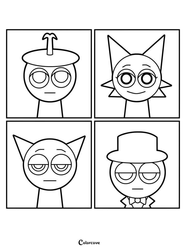 Dibujo para colorear de Sprunki con Clukr, Wenda, Gray y Black en cuatro paneles independientes