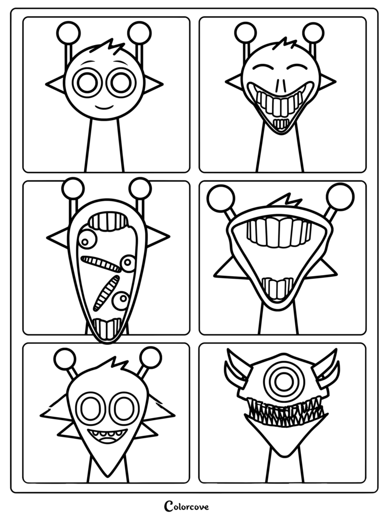 Simon mostrando seis expresiones faciales y transformaciones diferentes en viñetas para una página para colorear