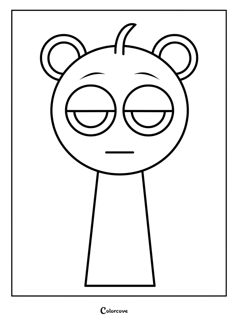 Dibujo para colorear del personaje Sky de Sprunki con cabeza redonda, orejas de oso y ojos adormilados