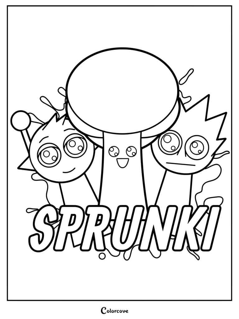Página para colorear de Simon, Mr. Tree y OWAKCX de Sprunki
