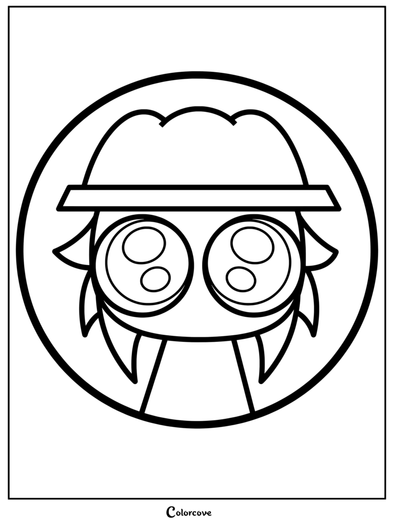 Dibujo para colorear imprimible del personaje Tunner de Sprunki con un tierno personaje redondo que lleva sombrero dentro de un círculo