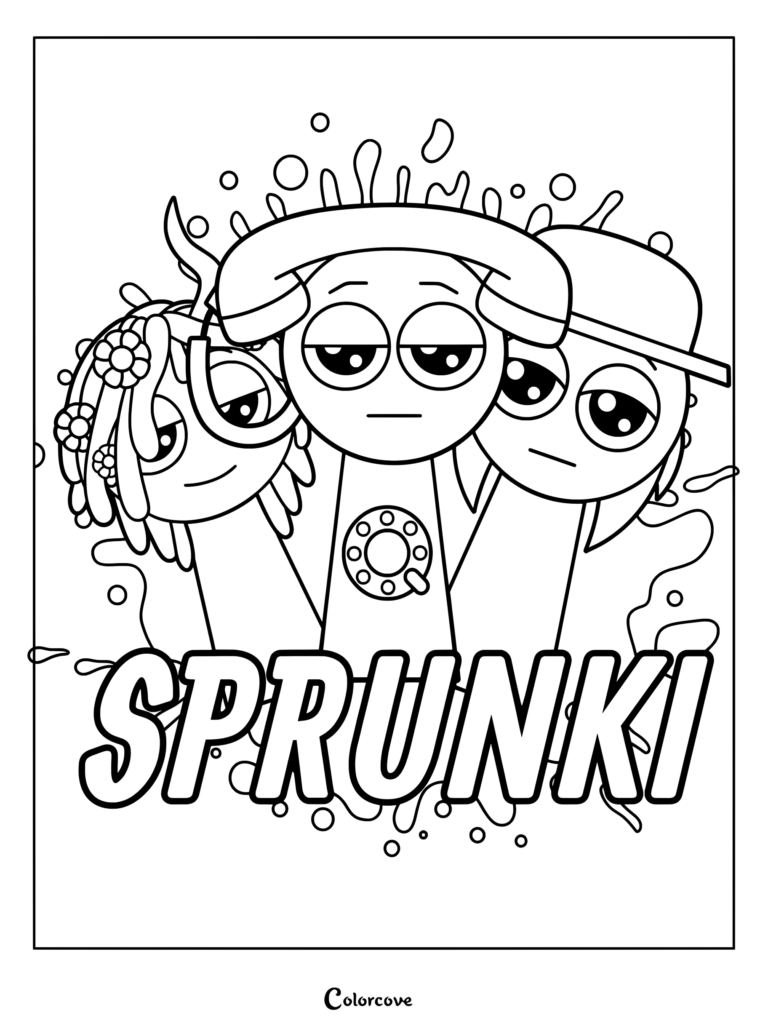 Vineria, Tele y Tunner de Sprunki en una página para colorear e imprimir con trazos gruesos.