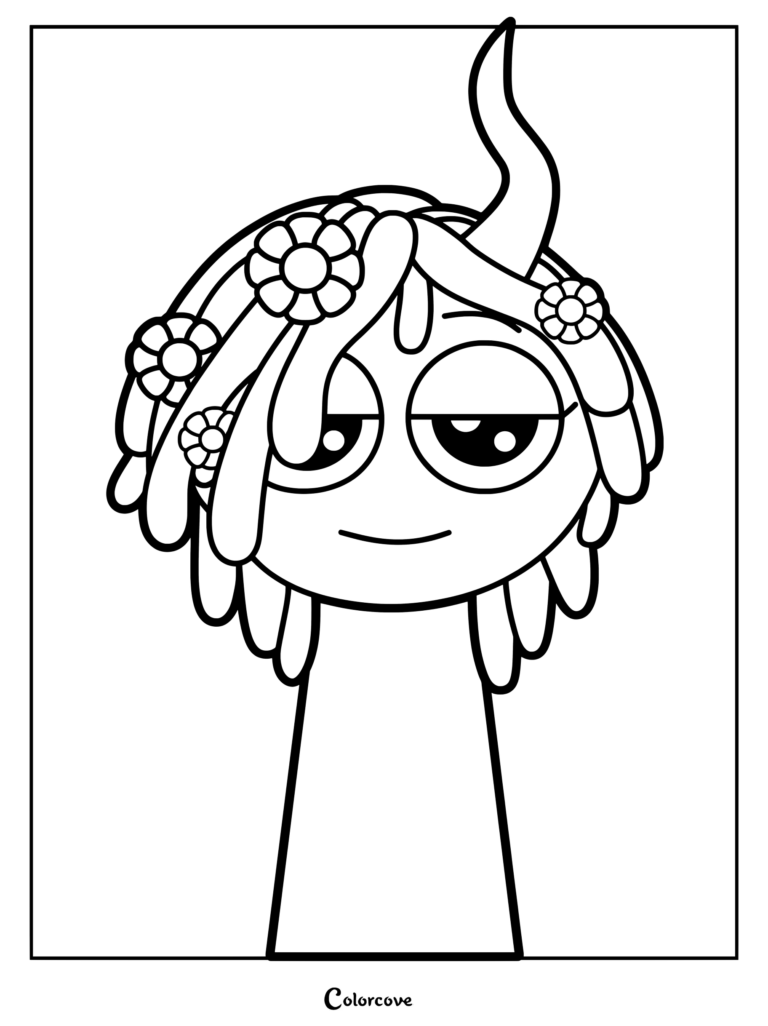 Dibujo para colorear imprimible del personaje Vineria de Sprunki con cabello en forma de enredadera adornado con flores