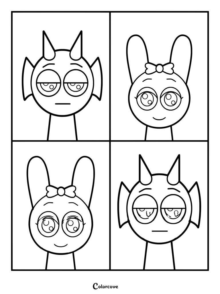 Dibujo para colorear de Sprunki con Durple y Pinki repetidos dos veces en una cuadrícula de cuatro paneles.