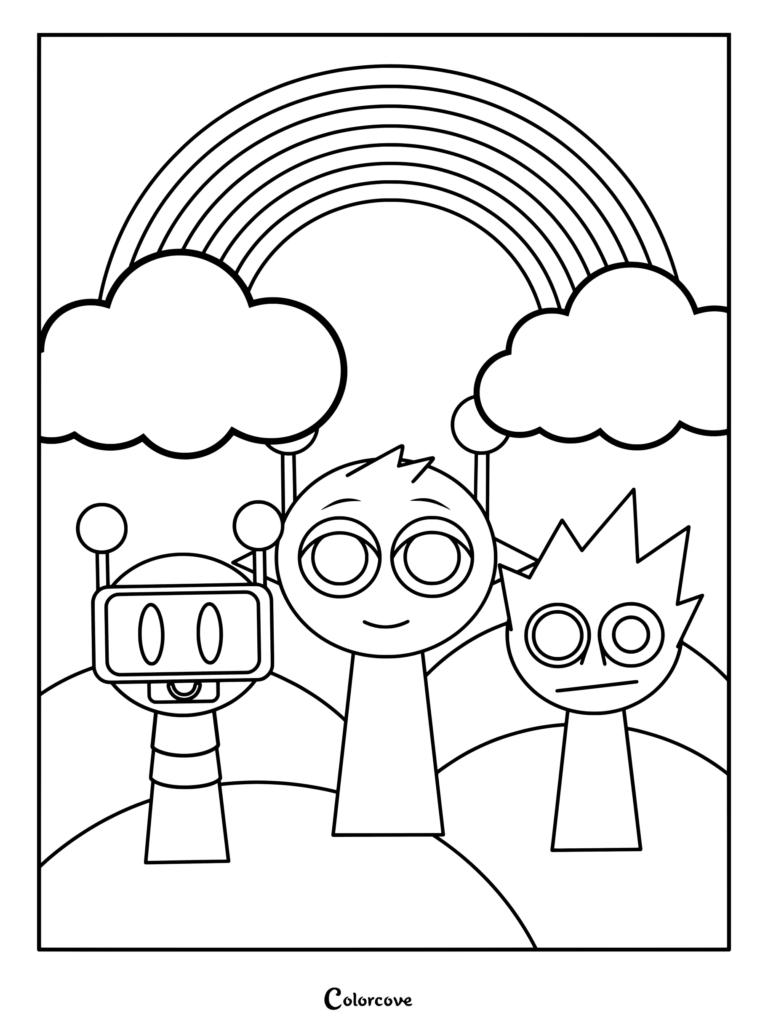Página para colorear de Sprunki con Fun Bot, Simon y OWAKCX bajo un arcoíris y nubes